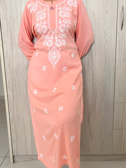 Modal Chikankari Women's Long Kurta - Peach