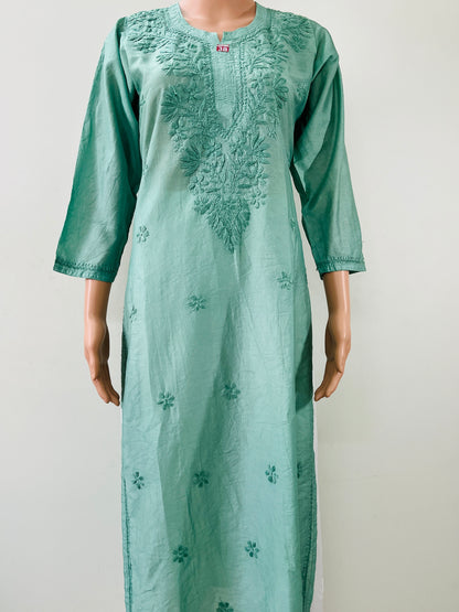 Chanderi Chikankari Solid Women's Long Kurta - Green