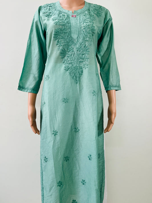 Chanderi Chikankari Solid Women's Long Kurta - Green
