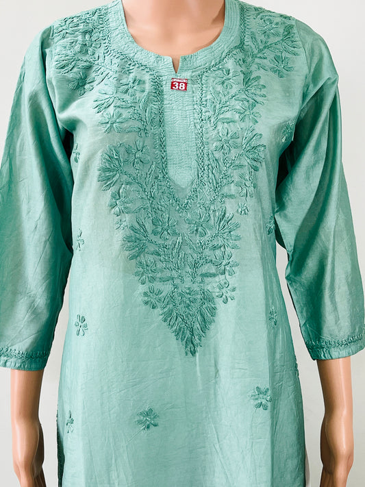 Chanderi Chikankari Solid Women's Long Kurta - Green