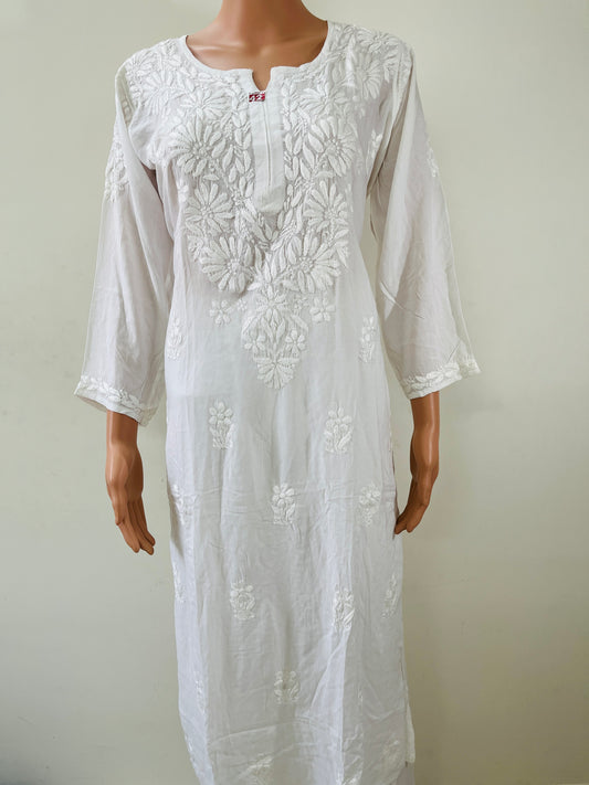 Reyon Chikankari Solid Women's 2PC Long Kurta Set- White