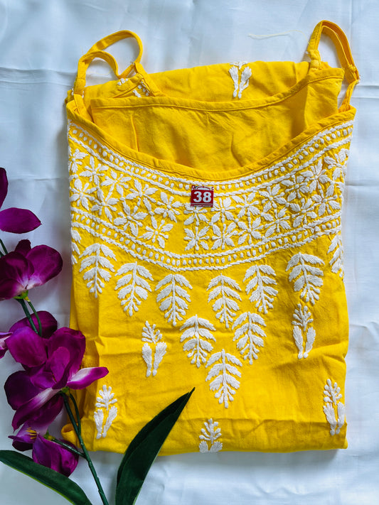 Reyon Sleeveless Chikankari Solid Women's  Long Kurta - Yellow