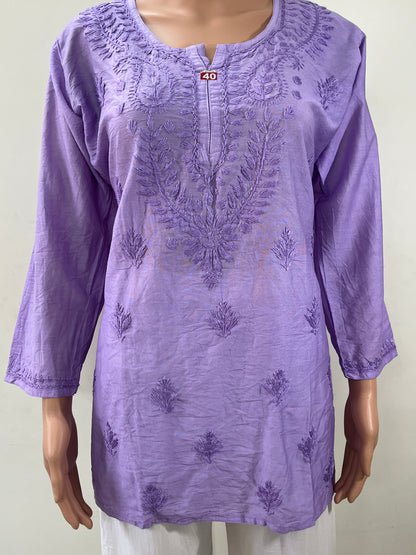 Chanderi Chikankari Solid Women's Short Kurta - Lavender