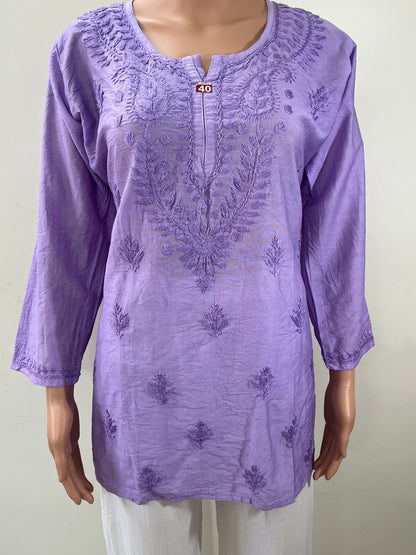 Chanderi Chikankari Solid Women's Short Kurta - Lavender