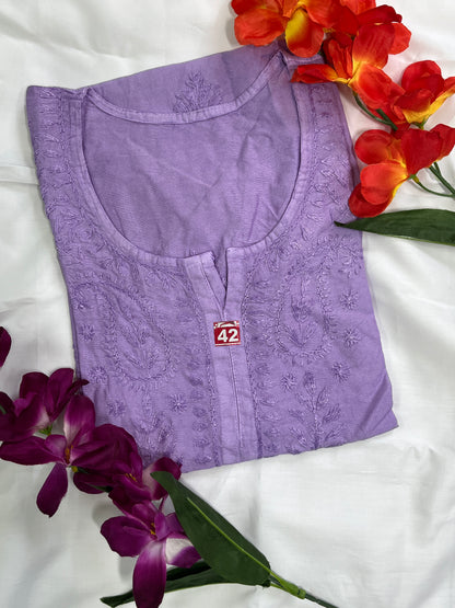Chanderi Chikankari Solid Women's Short Kurta - Lavender