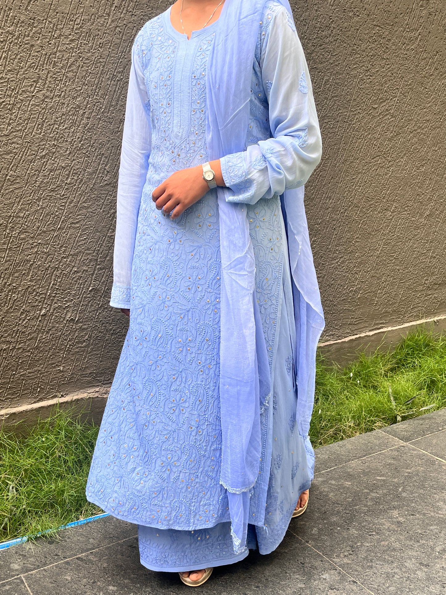 Viscose Full Jall with Mukesh 4PC Heavy Chikankari Suit Set - Ombre Blue