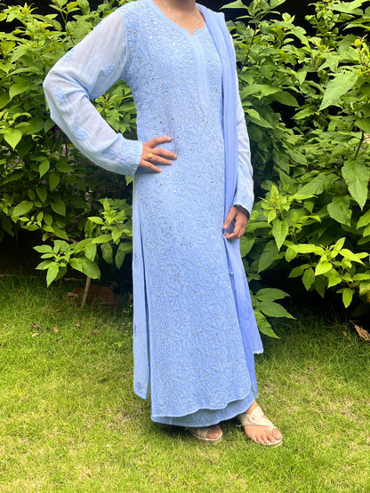 Viscose Full Jall with Mukesh 4PC Heavy Chikankari Suit Set - Ombre Blue