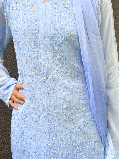 Viscose Full Jall with Mukesh 4PC Heavy Chikankari Suit Set - Ombre Blue