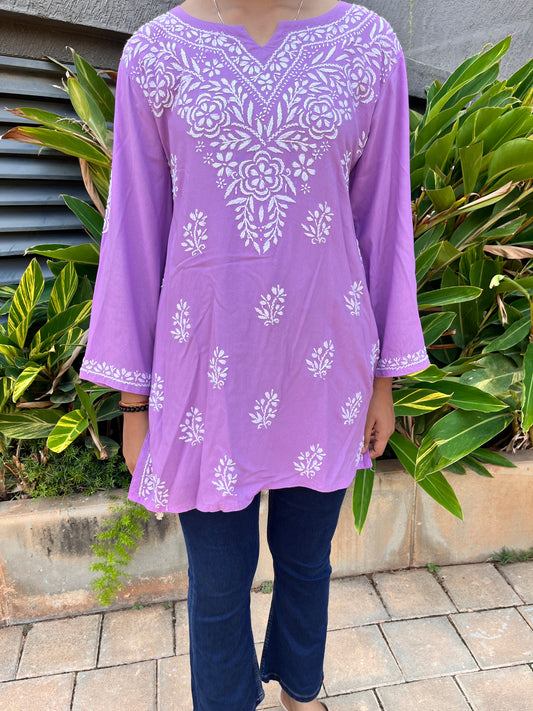 Reyon Chikankari Women's Short Kurta - Lavendor