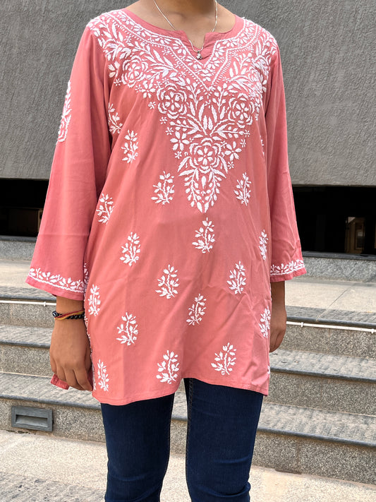 Reyon Chikankari Women's Short Kurta - Peach