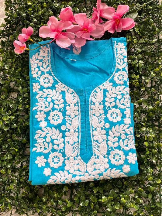 Cotton Chikankari Women's Long kurta - Blue