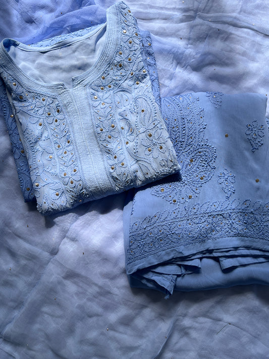 Viscose Full Jall with Mukesh 4PC Heavy Chikankari Suit Set - Ombre Blue