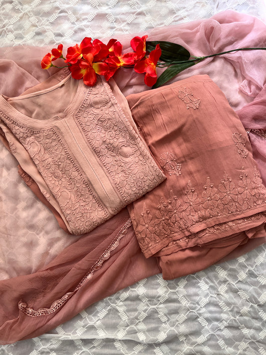 Viscose Bakhiya 4PC Heavy Chikankari Suit Set - Ombre Brown
