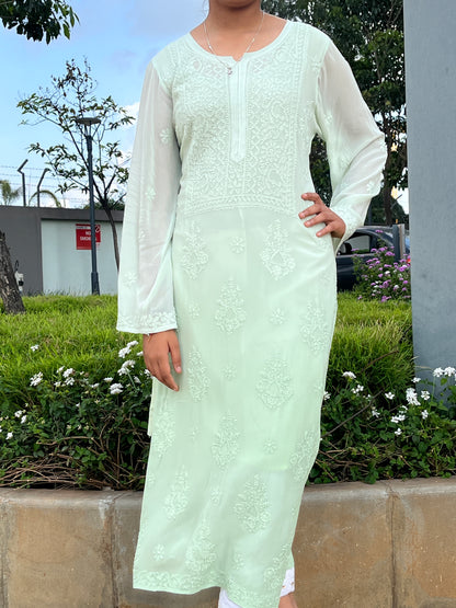 Viscose Heavy Chikankari Long Kurta- Ombre Green