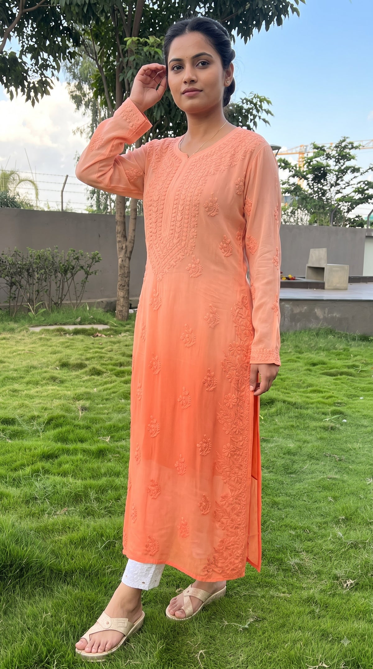 Viscose 3D Heavy Chikankari Long kurta - Ombre Orange