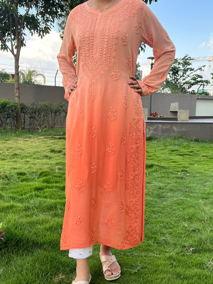 Viscose 3D Heavy Chikankari Long kurta - Ombre Orange