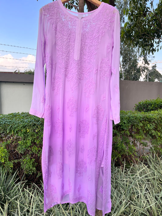 Viscose Bakhiya Heavy Chikankari Long Kurta - Ombre Lavender