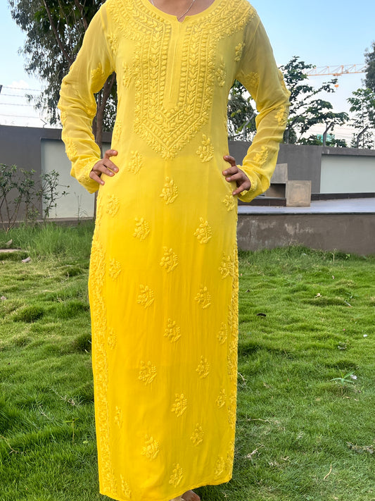 Viscose 3D Heavy Chikankari Long kurta - Ombre Yellow