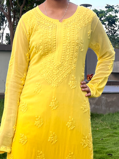 Viscose 3D Heavy Chikankari Long kurta - Ombre Yellow
