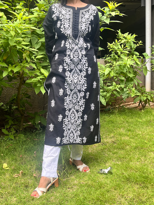 Cotton Chikankari Women's Long Kurta - Black