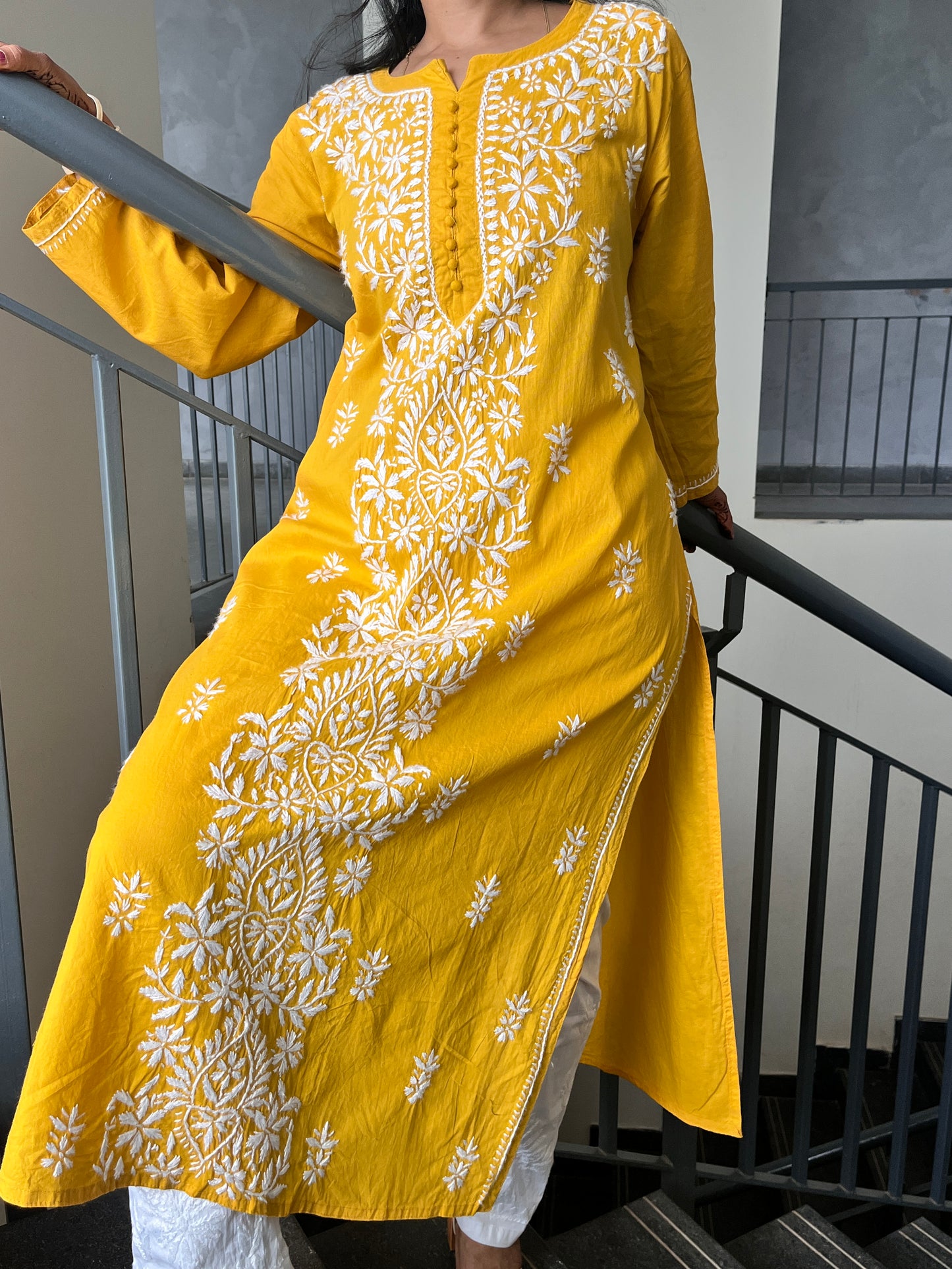Cotton Chikankari Women's Long Kurta - Yellow