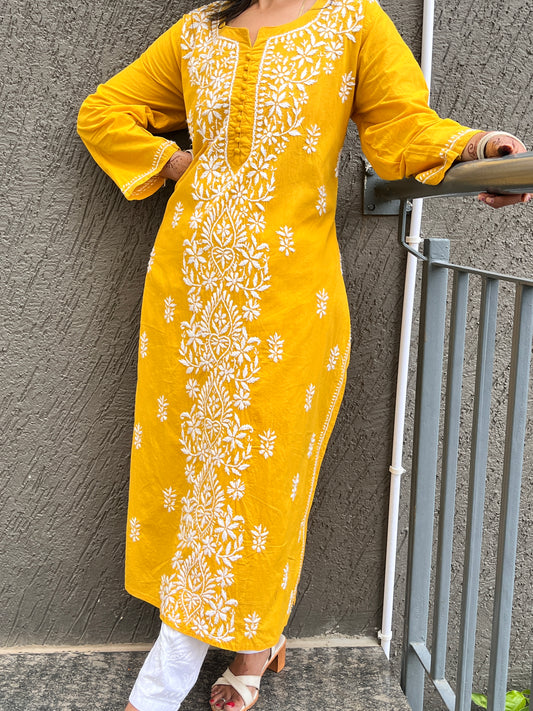 Cotton Chikankari Women's Long Kurta - Yellow