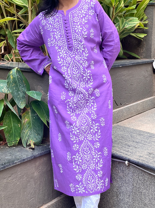 Cotton Chikankari Women's Long Kurta - Lavender