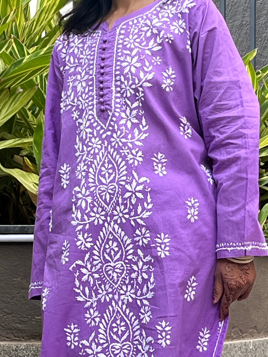 Cotton Chikankari Women's Long Kurta - Lavender