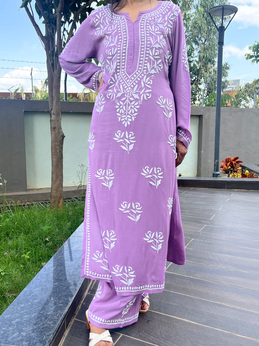 Modal Chikankari Solid Women's 2PC Long Kurta Set- Purple