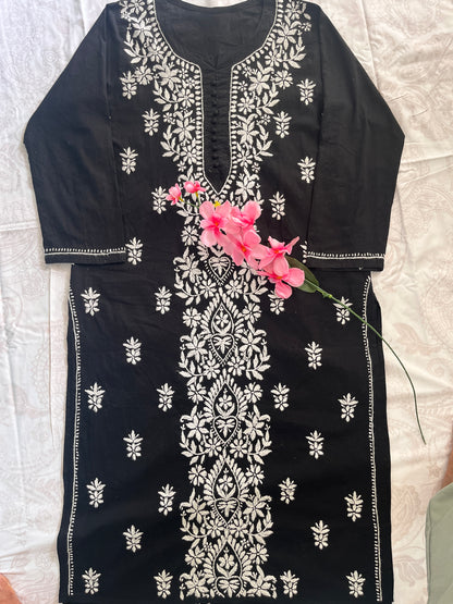 Cotton Chikankari Women's Long Kurta - Black
