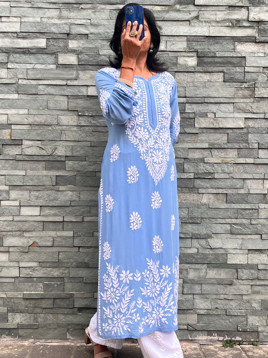 Modal Daman Chikankari Women's Long Kurta - Blue