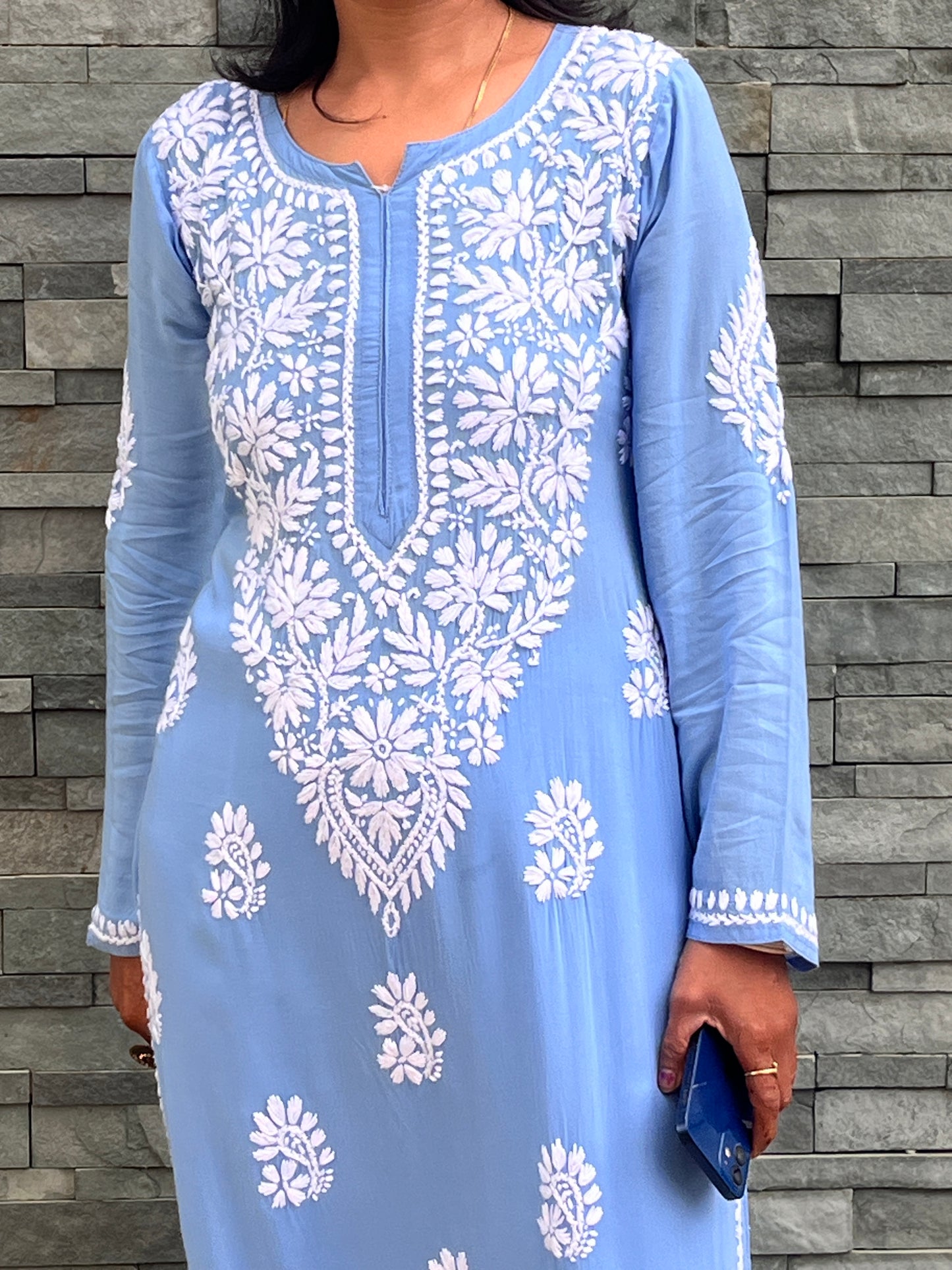 Modal Daman Chikankari Women's Long Kurta - Blue