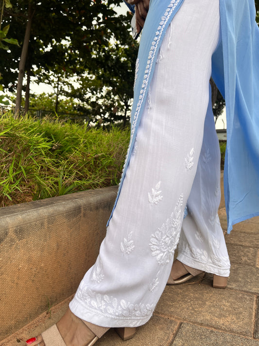Reyon Chikankari Straight Plazzo - White
