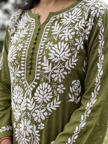 Modal Dama Chikankari Women's Long Kurta - Green