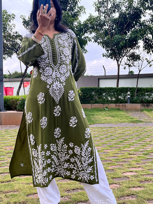 Modal Dama Chikankari Women's Long Kurta - Green