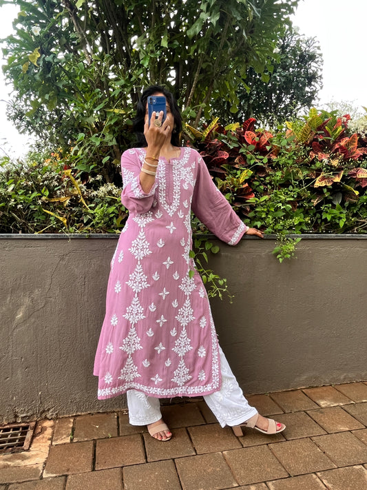 Modal Side Panel Chikankari Women's long Kurta - Mauve