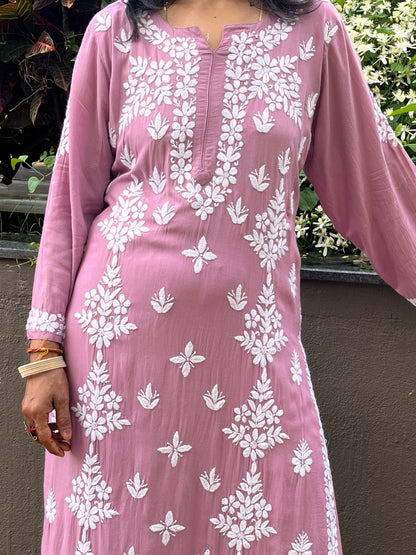 Modal Side Panel Chikankari Women's long Kurta - Mauve
