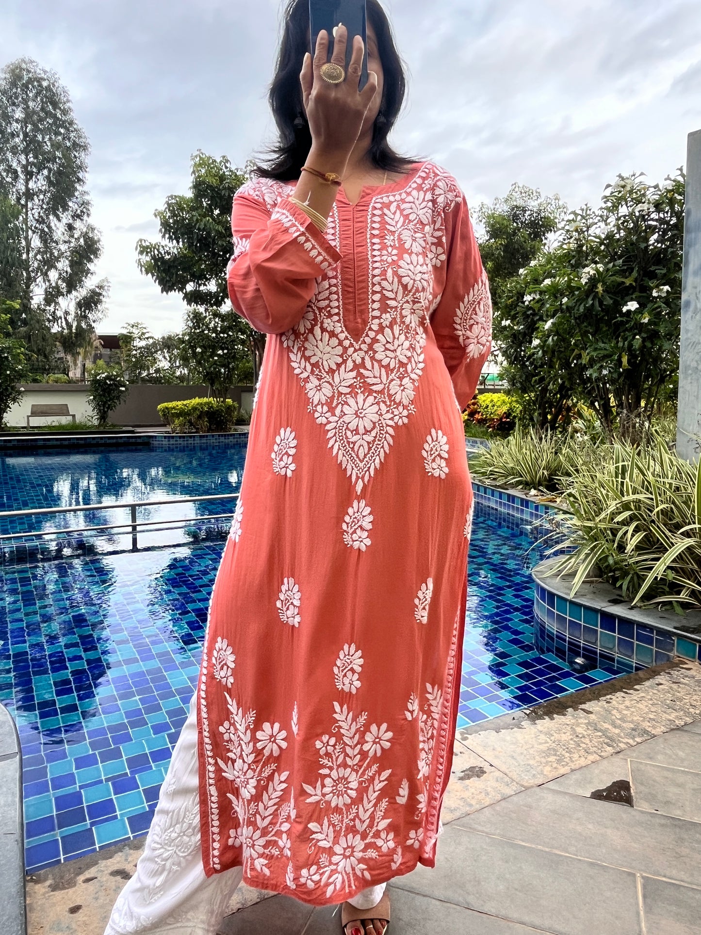 Modal Daman Chikankari Women's Long Kurta - Brown
