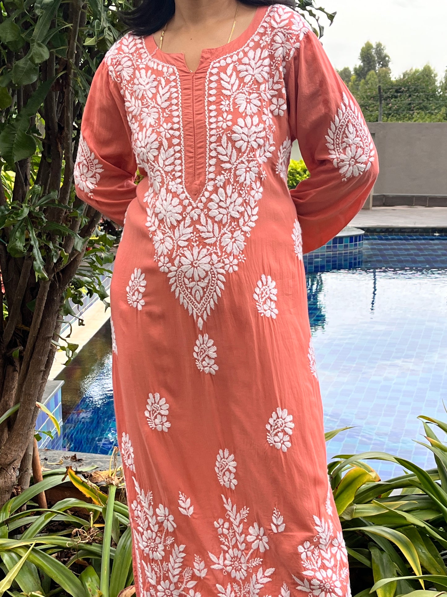 Modal Daman Chikankari Women's Long Kurta - Brown
