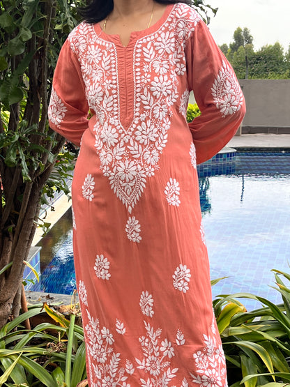 Modal Daman Chikankari Women's Long Kurta - Brown