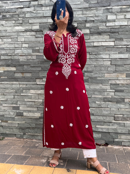 Modal Chikankari Women's Long Kurta - Maroon