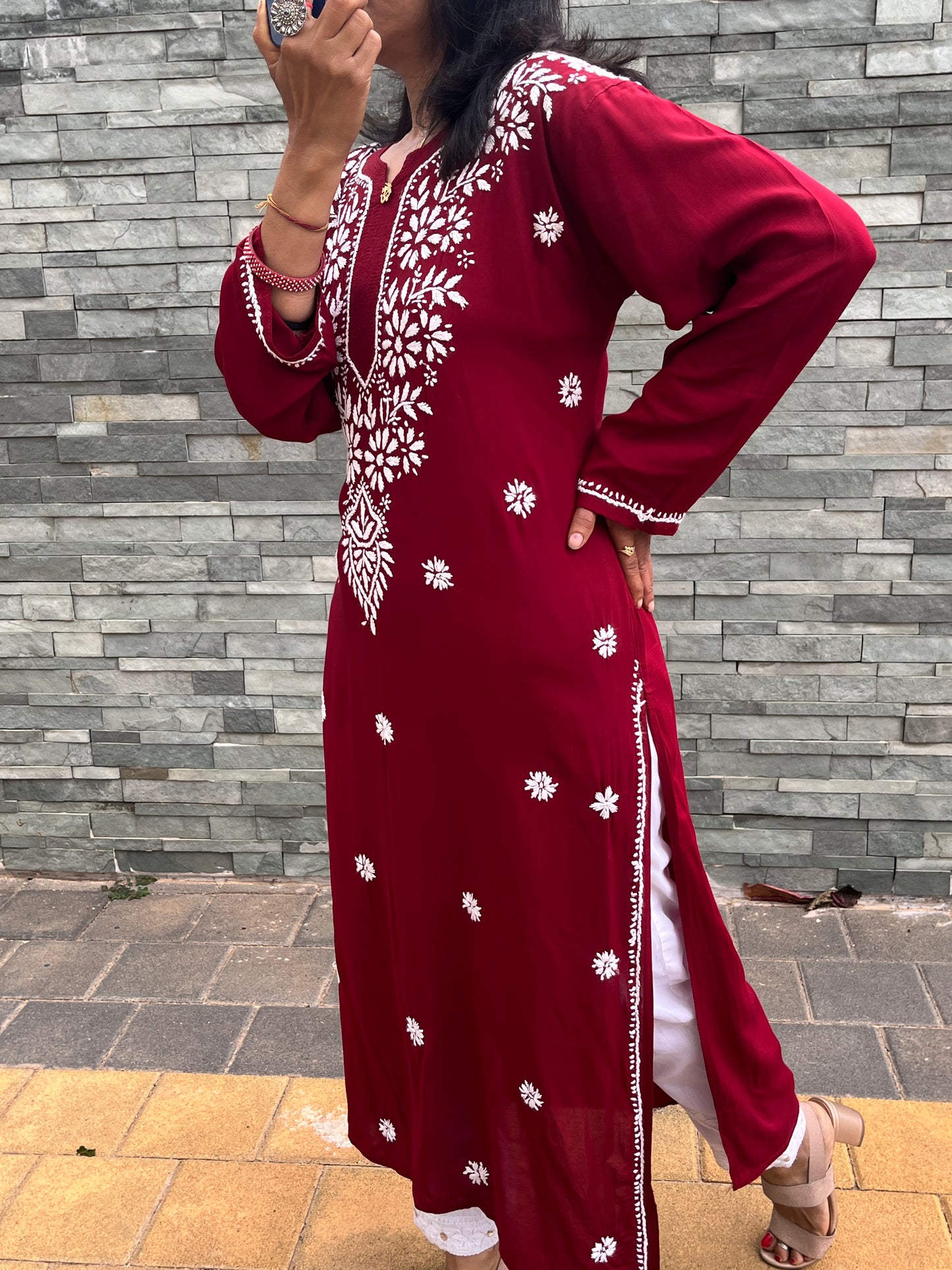 Modal Chikankari Women's Long Kurta - Maroon