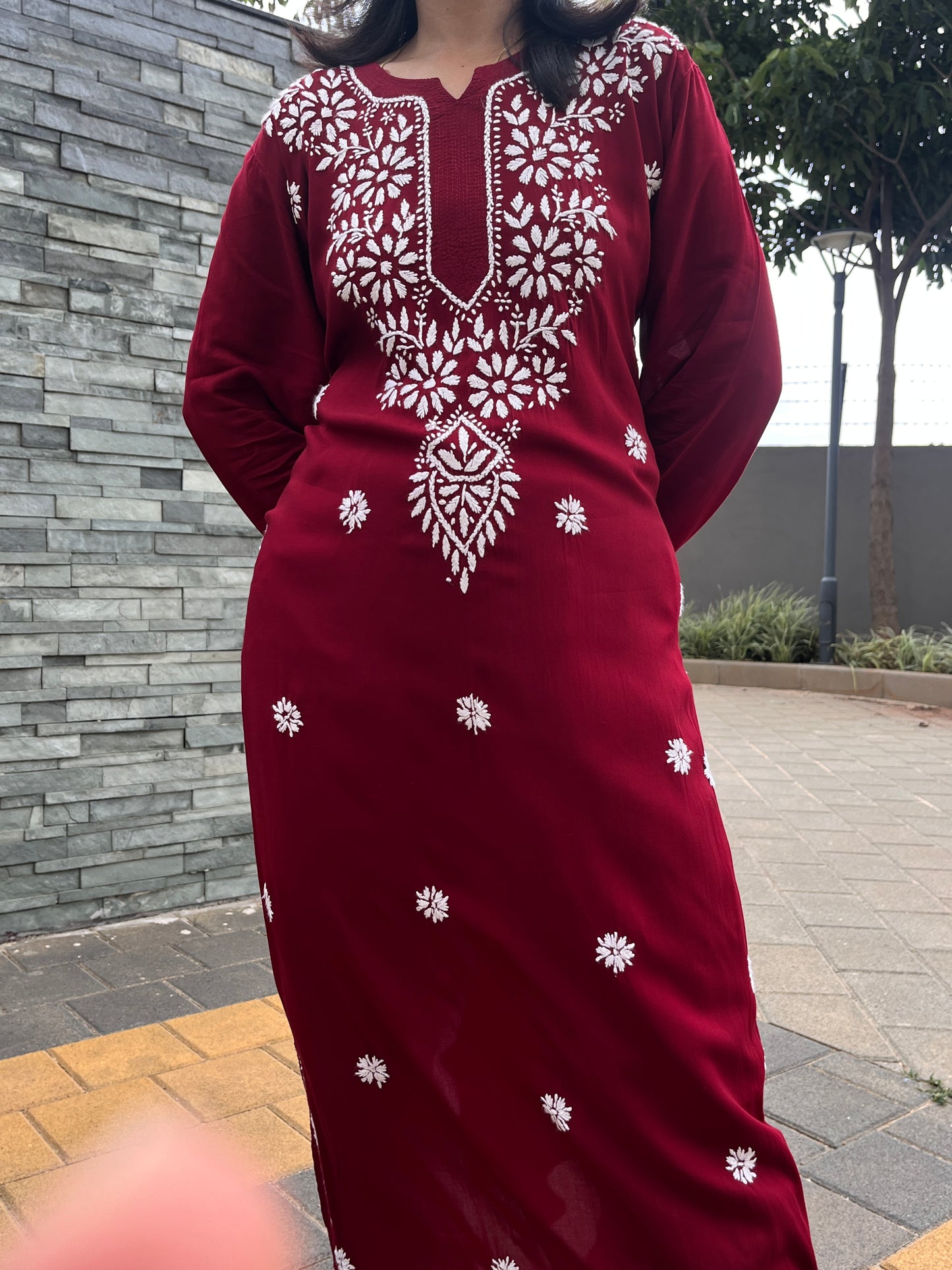 Modal Chikankari Women's Long Kurta - Maroon