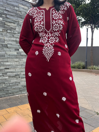 Modal Chikankari Women's Long Kurta - Maroon