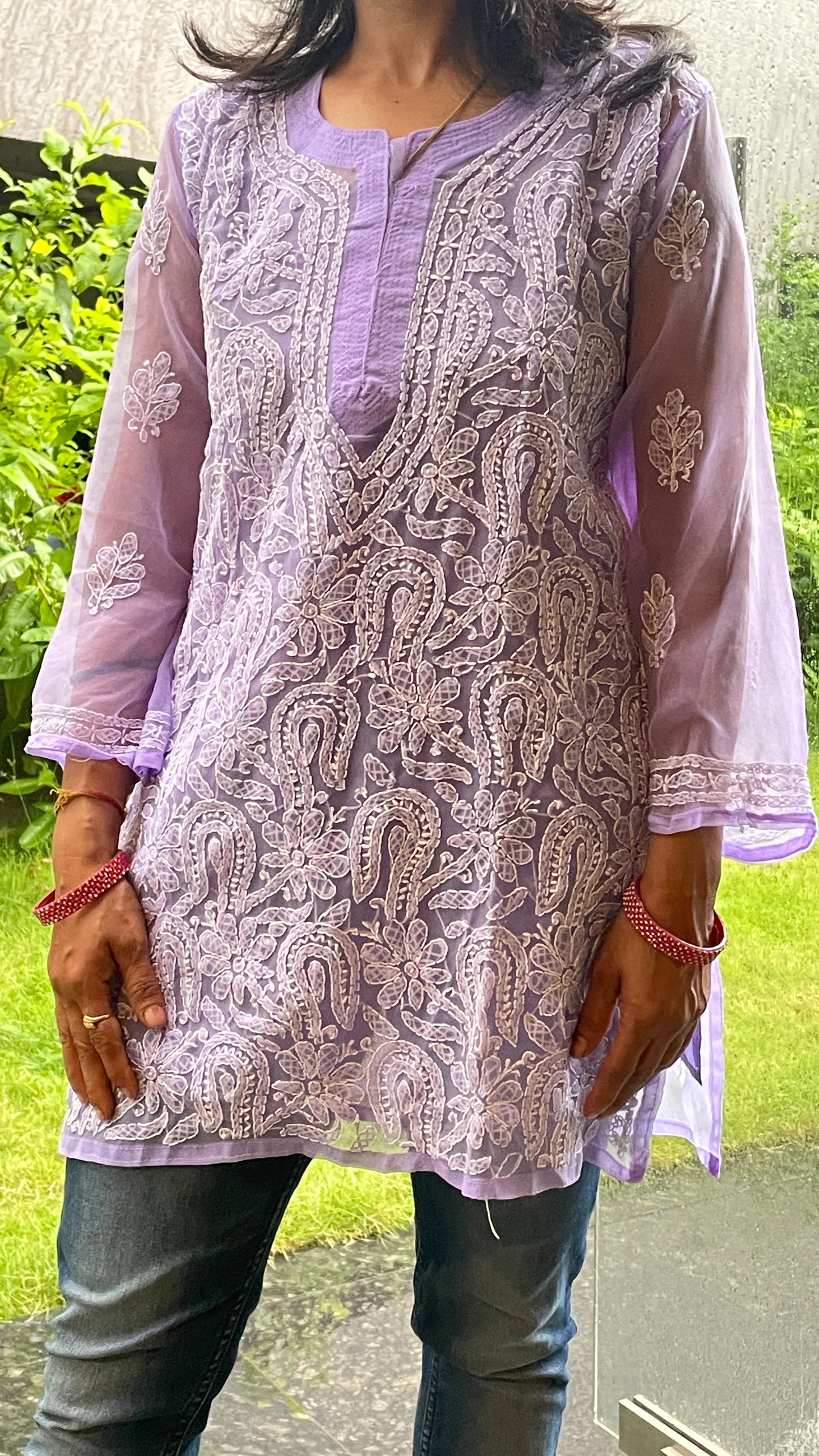 Georgette Chikankari Women's Short Kurta with Inner - Lavender