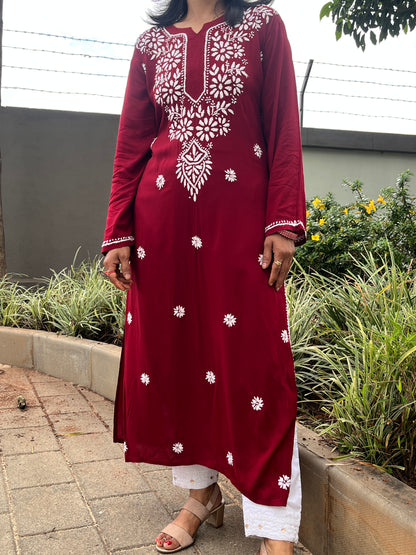 Modal Chikankari Women's Long Kurta - Maroon