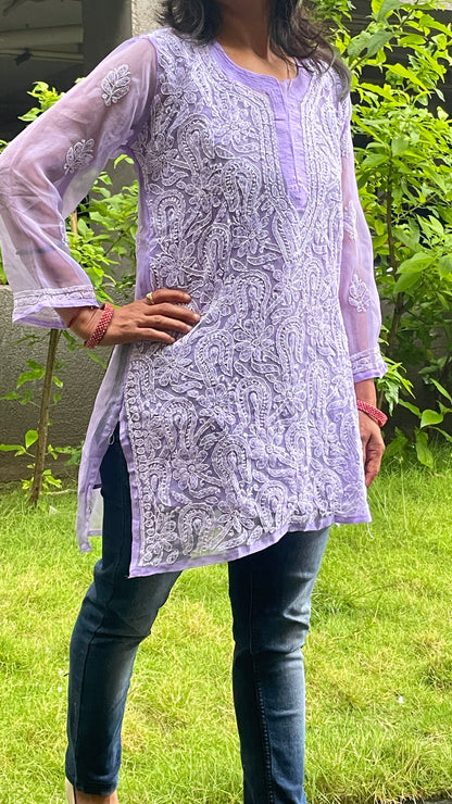 Georgette Chikankari Women's Short Kurta with Inner - Lavender