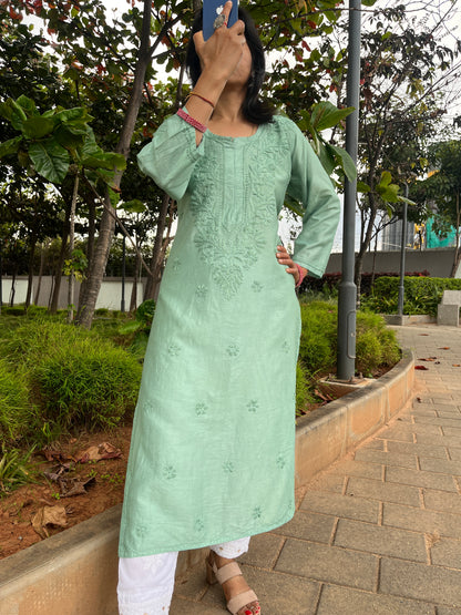 Chanderi Chikankari Solid Women's Long Kurta - Green
