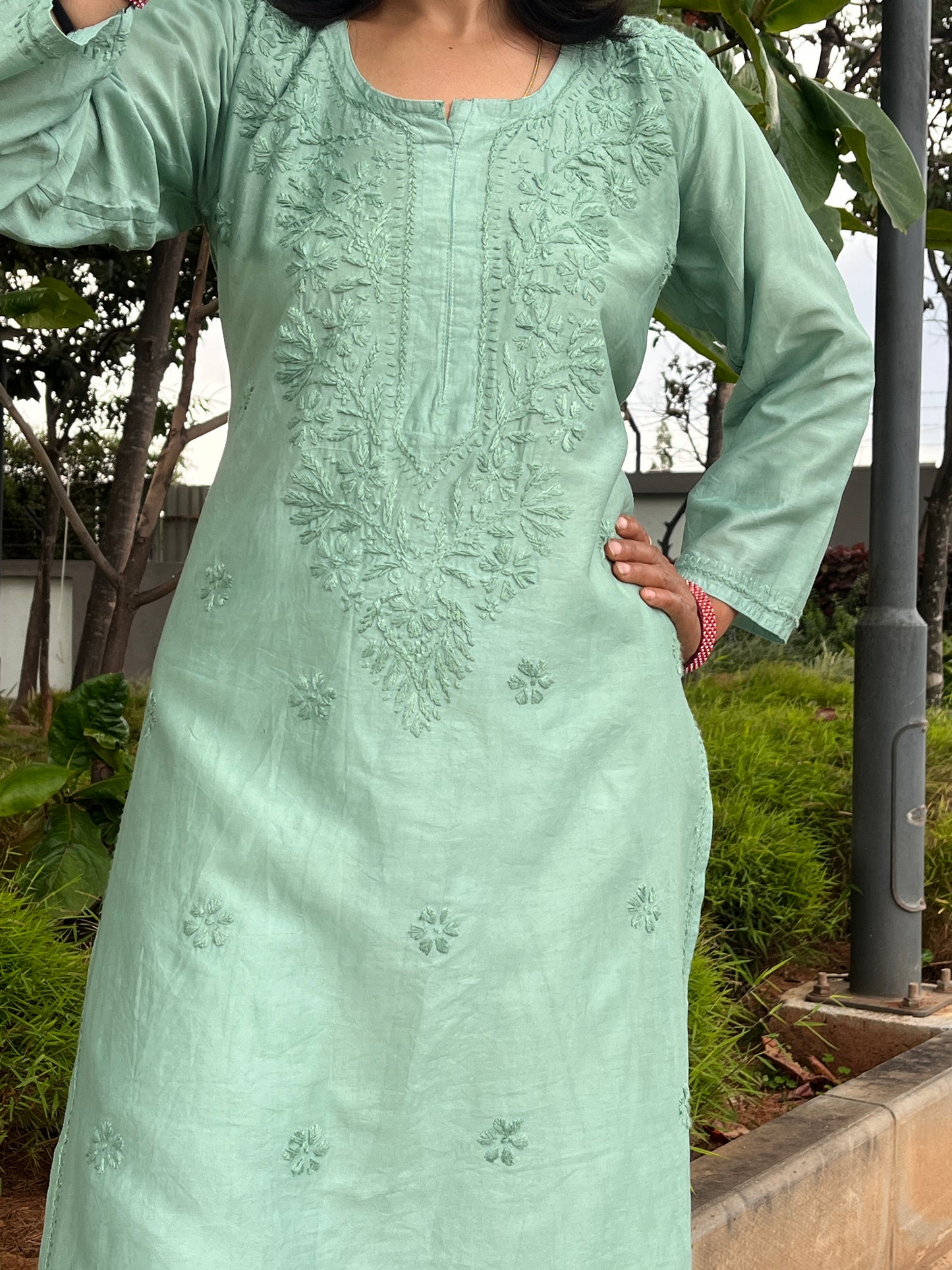 Chanderi Chikankari Solid Women's Long Kurta - Green