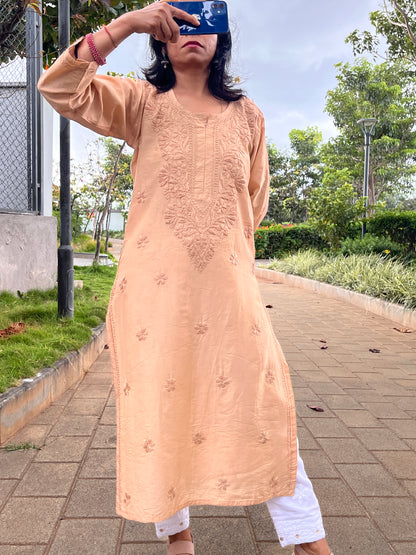 Chanderi Chikankari Solid Women's Long Kurta - Beige